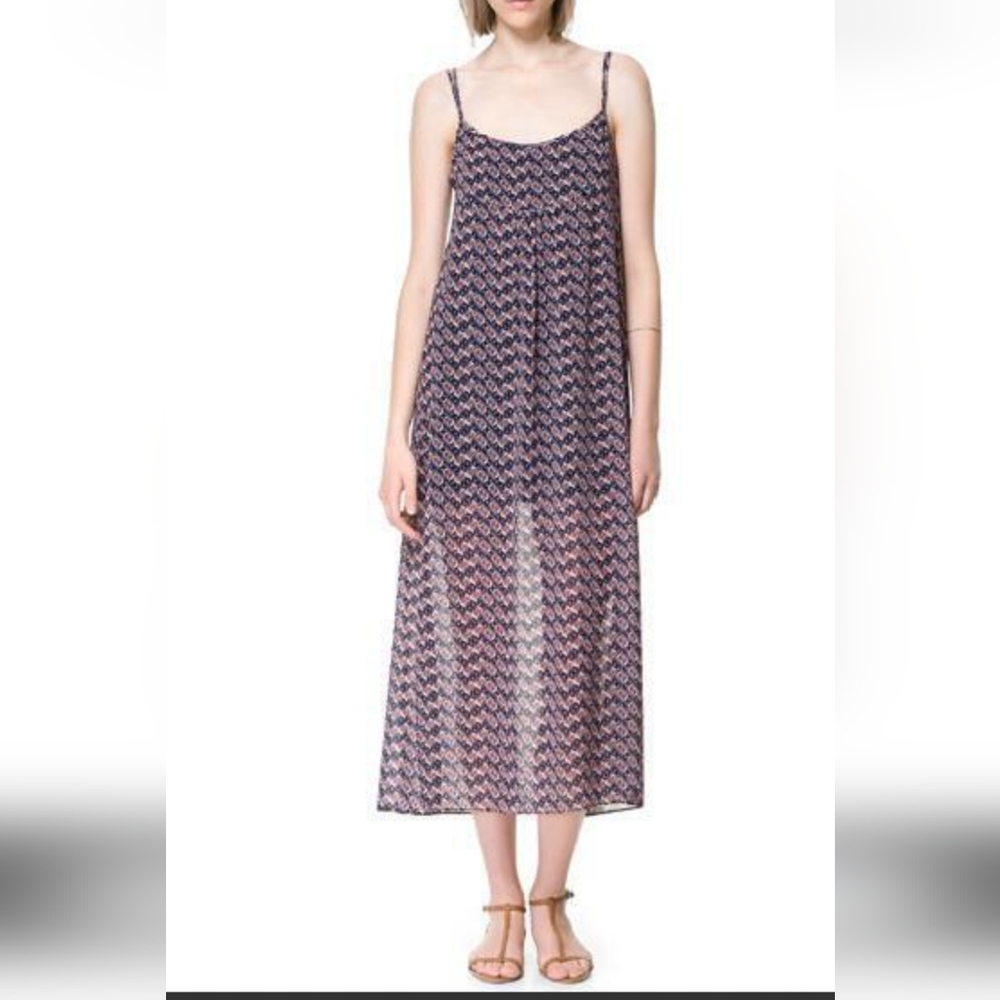 Zara Woman Geometric Print Maxi Dress Large - Boho Spaghetti Strap Cutout